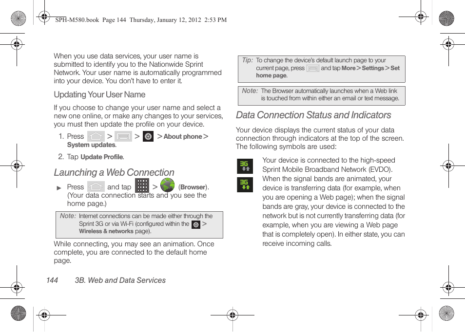 Launching a web connection, Data connection status and indicators | Samsung SPH-M580ZKASPR User Manual | Page 158 / 236