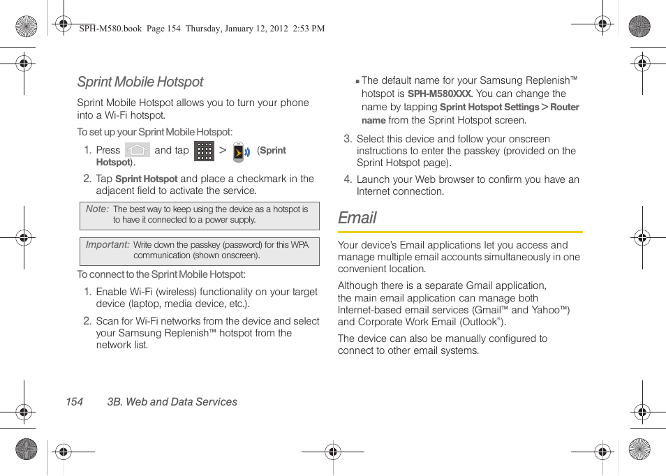 Sprint mobile hotspot, Email | Samsung SPH-M580ZKASPR User Manual | Page 168 / 236