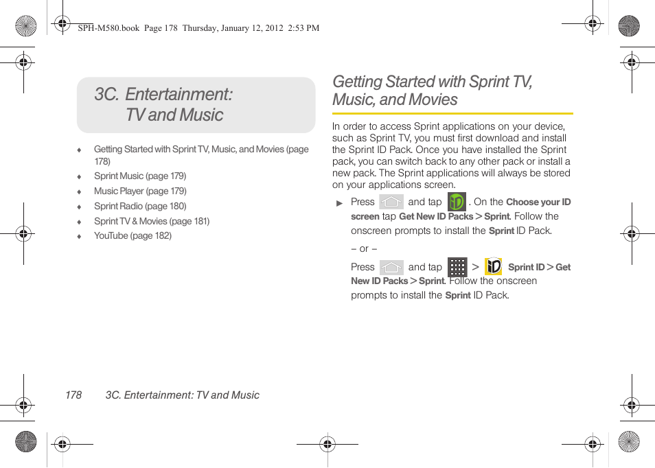 3c. entertainment: tv and music, Getting started with sprint tv, music, and movies, Getting started with sprint tv | Samsung SPH-M580ZKASPR User Manual | Page 192 / 236