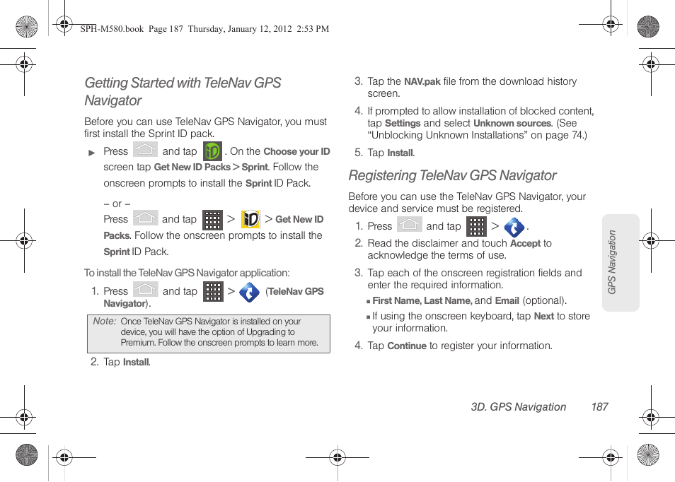 Getting started with telenav gps navigator, Registering telenav gps navigator | Samsung SPH-M580ZKASPR User Manual | Page 201 / 236