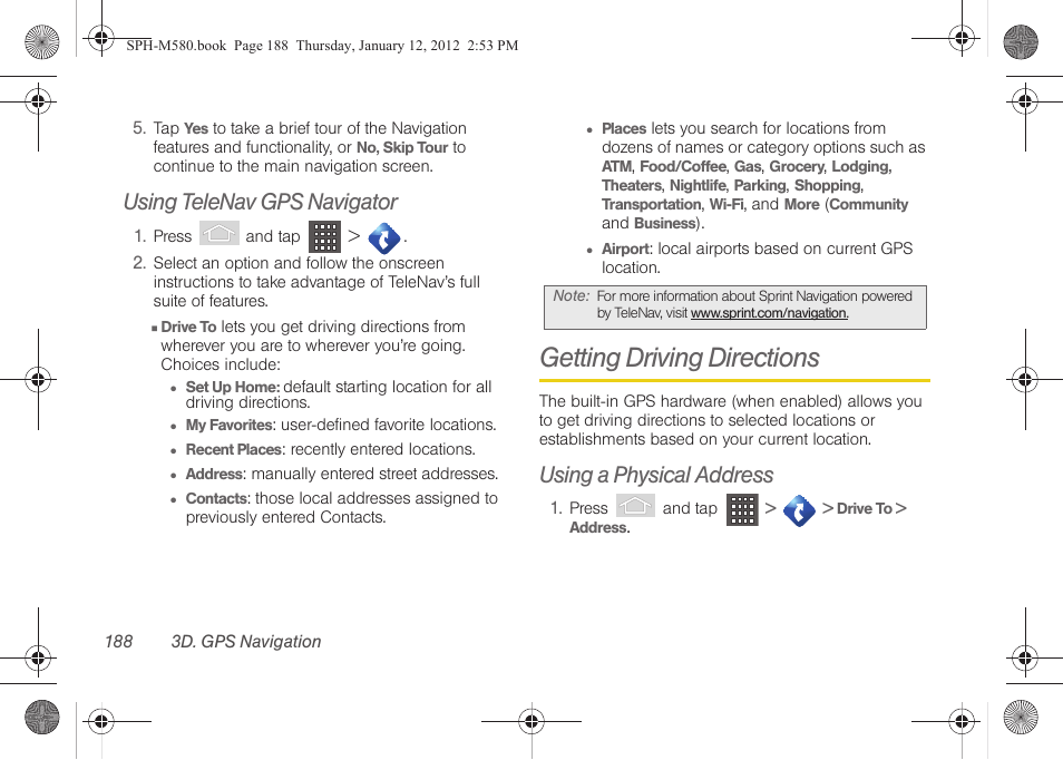 Using telenav gps navigator, Getting driving directions, Using a physical address | Samsung SPH-M580ZKASPR User Manual | Page 202 / 236