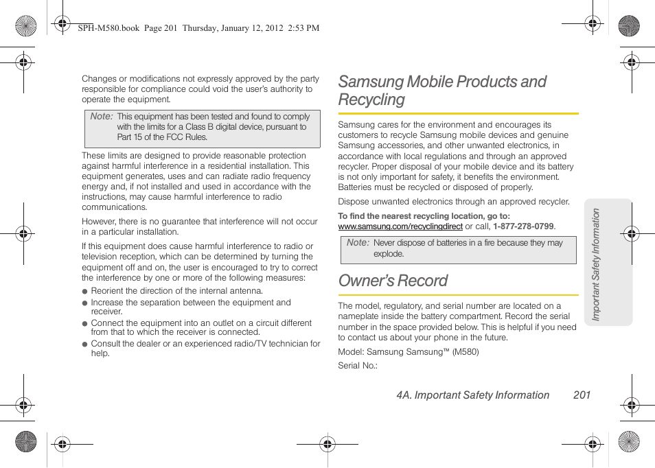Samsung mobile products and recycling, Owner’s record, Samsung mobile products | Samsung SPH-M580ZKASPR User Manual | Page 215 / 236