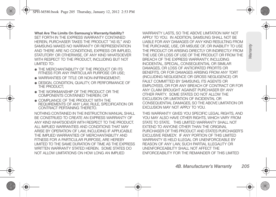 4b. manufacturer’s warranty 205 | Samsung SPH-M580ZKASPR User Manual | Page 219 / 236