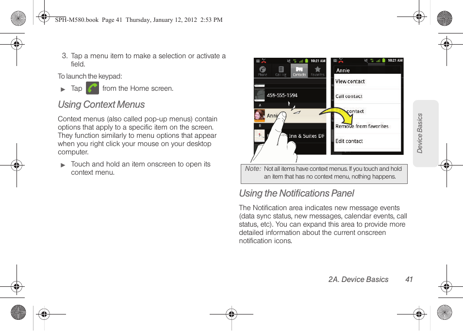 Using context menus, Using the notifications panel | Samsung SPH-M580ZKASPR User Manual | Page 55 / 236