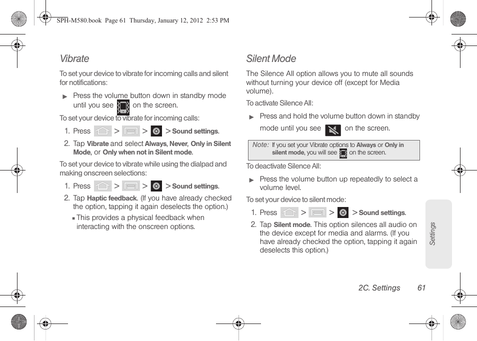 Vibrate, Silent mode | Samsung SPH-M580ZKASPR User Manual | Page 75 / 236