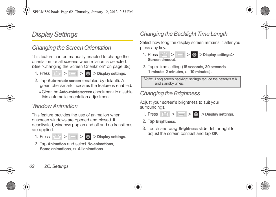 Display settings, Changing the screen orientation, Window animation | Changing the backlight time length, Changing the brightness | Samsung SPH-M580ZKASPR User Manual | Page 76 / 236