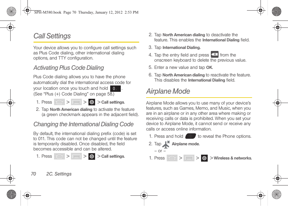 Call settings, Activating plus code dialing, Changing the international dialing code | Airplane mode | Samsung SPH-M580ZKASPR User Manual | Page 84 / 236