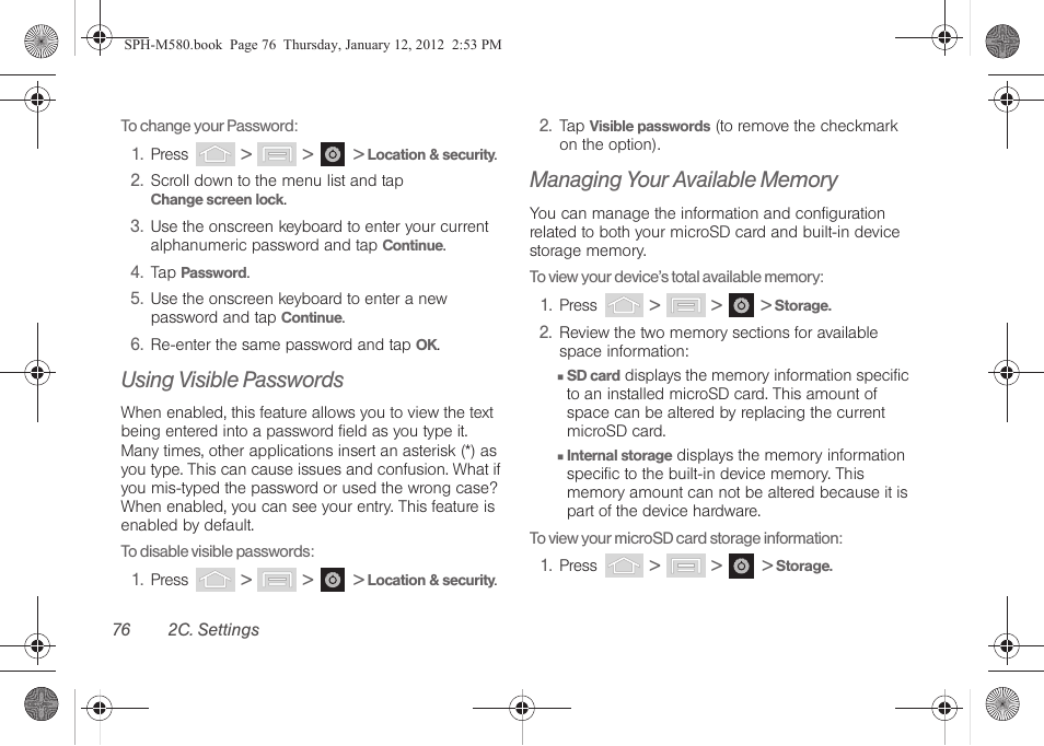 Using visible passwords, Managing your available memory | Samsung SPH-M580ZKASPR User Manual | Page 90 / 236