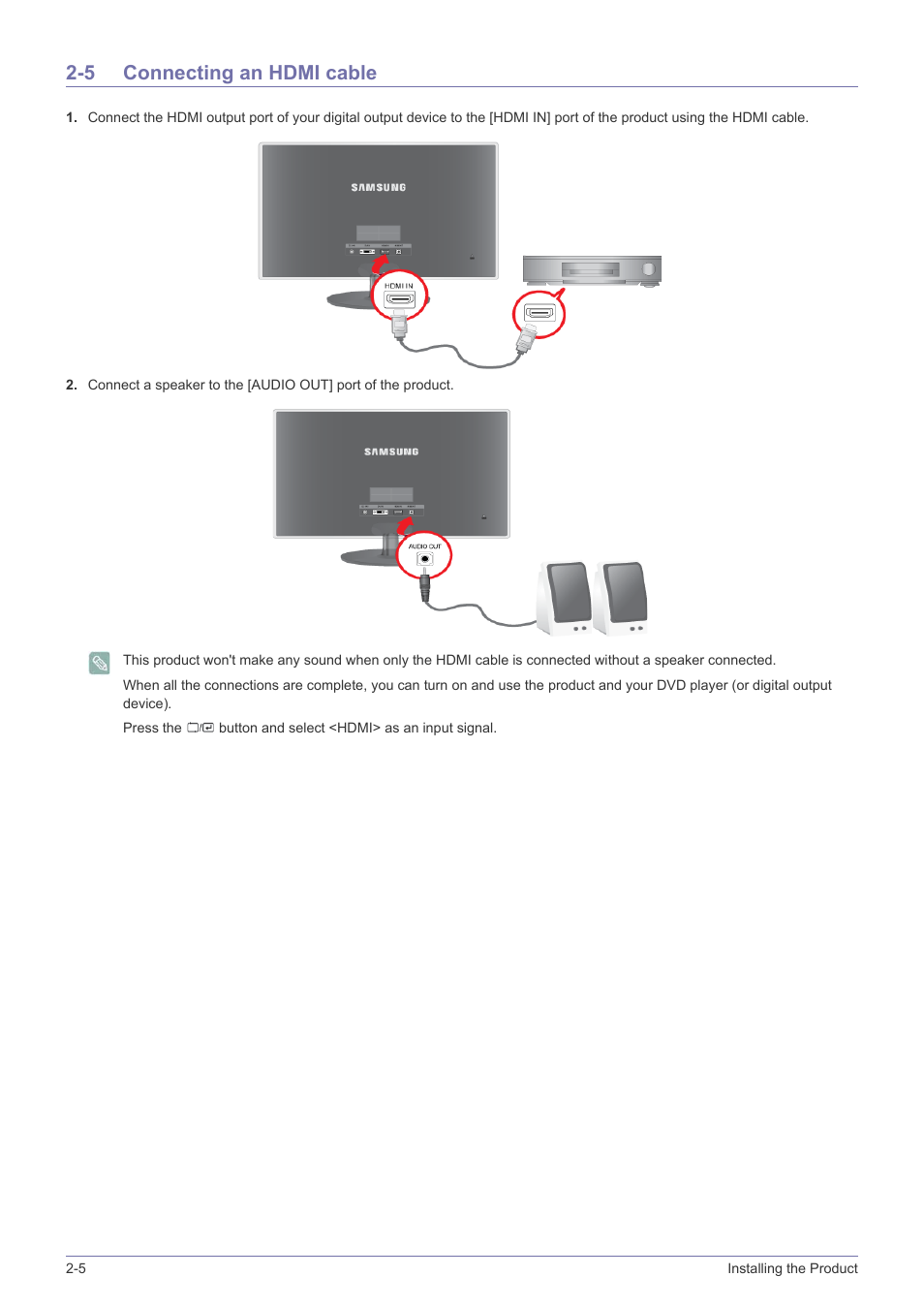 5 connecting an hdmi cable, Connecting an hdmi cable -5 | Samsung LS22EFVKUV-ZC User Manual | Page 16 / 43