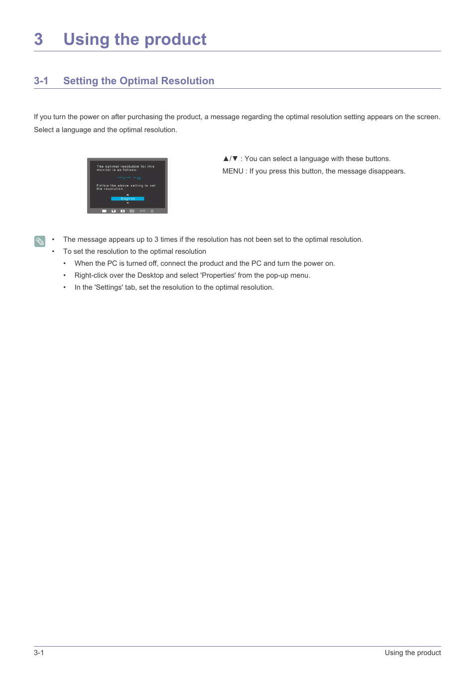 3 using the product, 1 setting the optimal resolution, Using the product | Setting the optimal resolution -1, 3using the product | Samsung LS22EFVKUV-ZC User Manual | Page 18 / 43