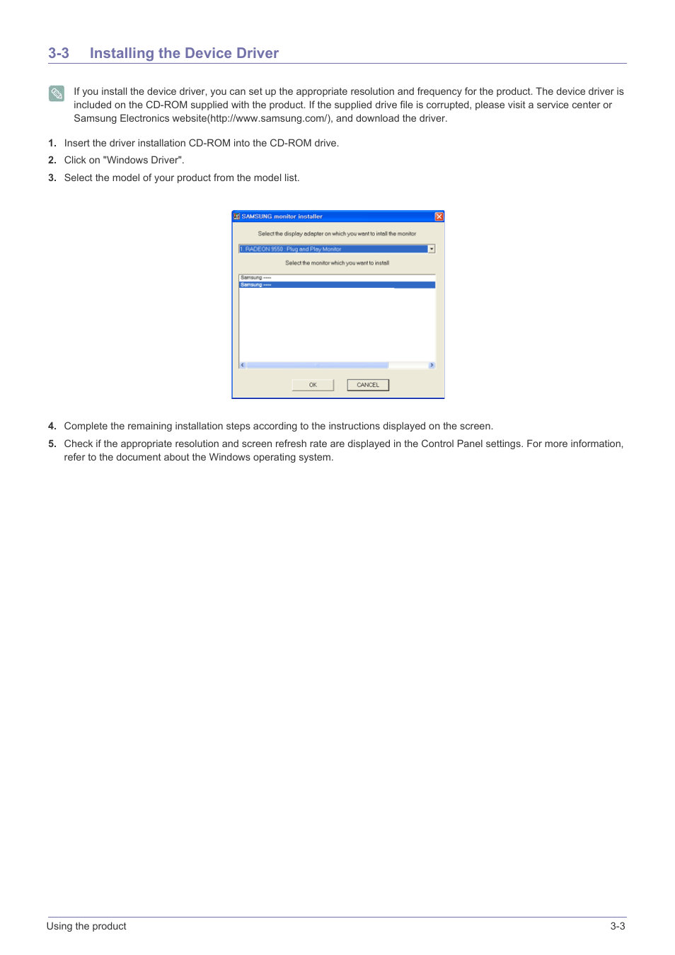 3 installing the device driver, Installing the device driver -3 | Samsung LS22EFVKUV-ZC User Manual | Page 21 / 43