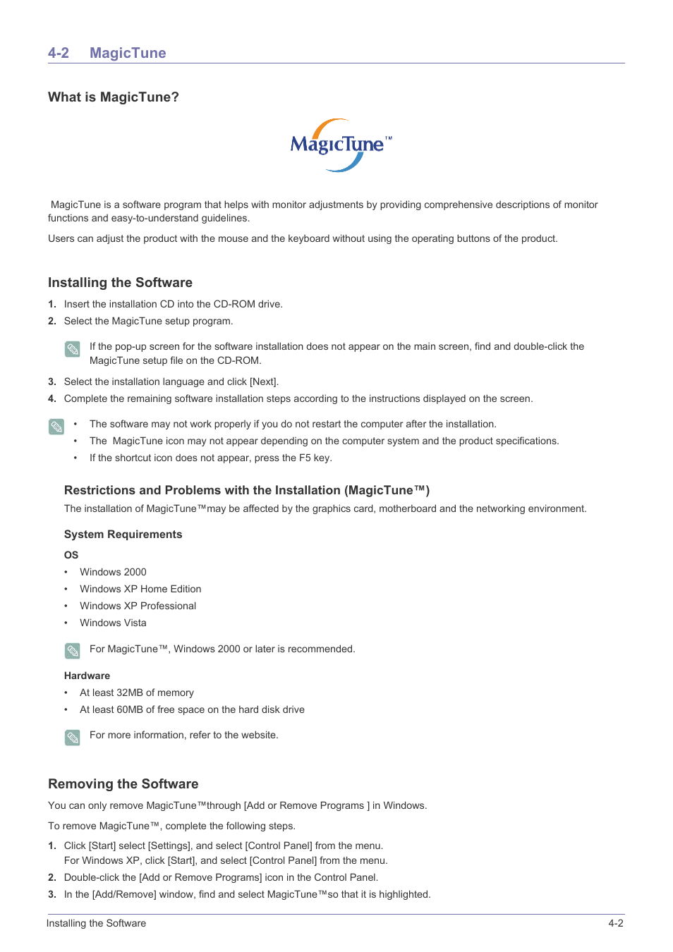 2 magictune, Magictune -2, What is magictune | Installing the software, Removing the software | Samsung LS22EFVKUV-ZC User Manual | Page 31 / 43