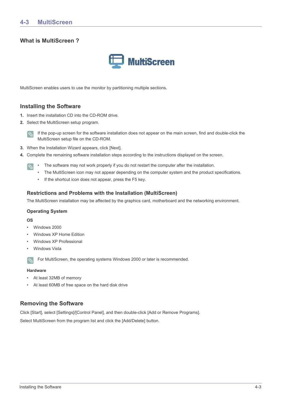 3 multiscreen, Multiscreen -3, What is multiscreen | Installing the software, Removing the software | Samsung LS22EFVKUV-ZC User Manual | Page 33 / 43