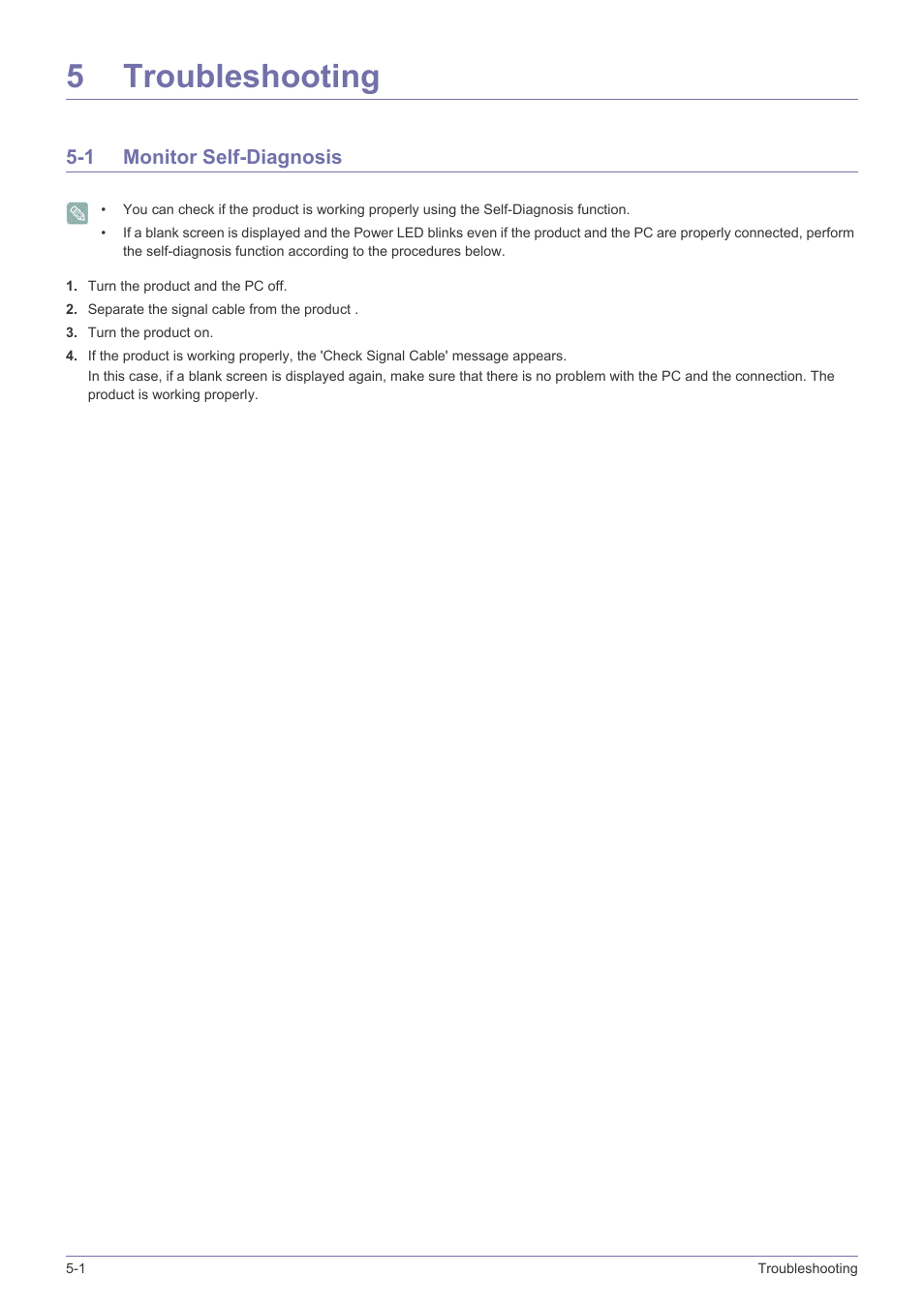 5 troubleshooting, 1 monitor self-diagnosis, Troubleshooting | Monitor self-diagnosis -1, 5troubleshooting | Samsung LS22EFVKUV-ZC User Manual | Page 34 / 43