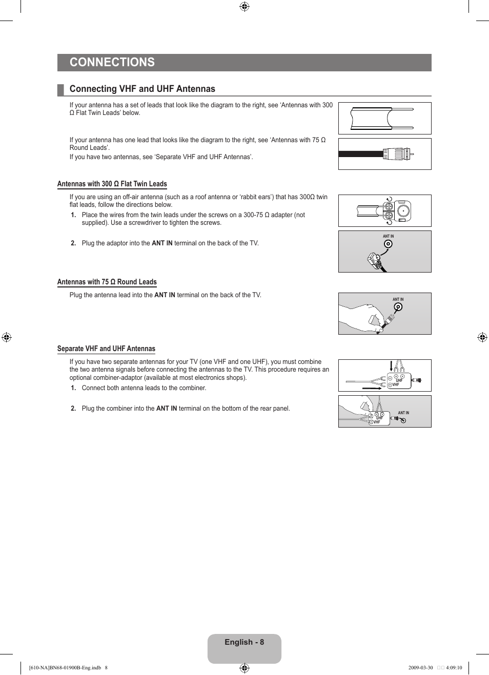 Connections, Connecting vhf and uhf antennas | Samsung LN40B610A5FUZA User Manual | Page 10 / 131
