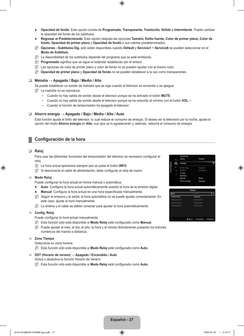 Configuración de la hora, Español - 27, Melodía → apagado / bajo / medio / alto | Reloj | Samsung LN40B610A5FUZA User Manual | Page 101 / 131