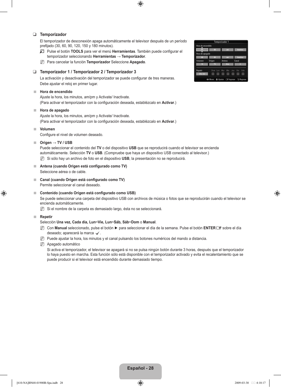 Español - 28 temporizador, Temporizador 1 / temporizador 2 / temporizador | Samsung LN40B610A5FUZA User Manual | Page 102 / 131