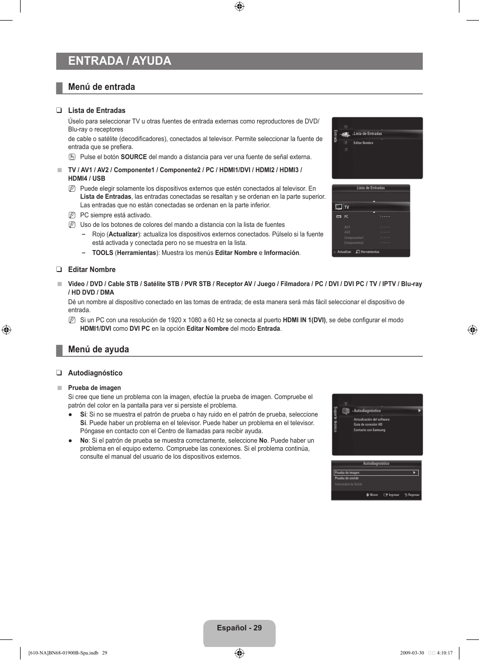 Entrada / ayuda, Menú de entrada, Menú de ayuda | Español - 29, Lista de entradas, Editar nombre, Autodiagnóstico | Samsung LN40B610A5FUZA User Manual | Page 103 / 131