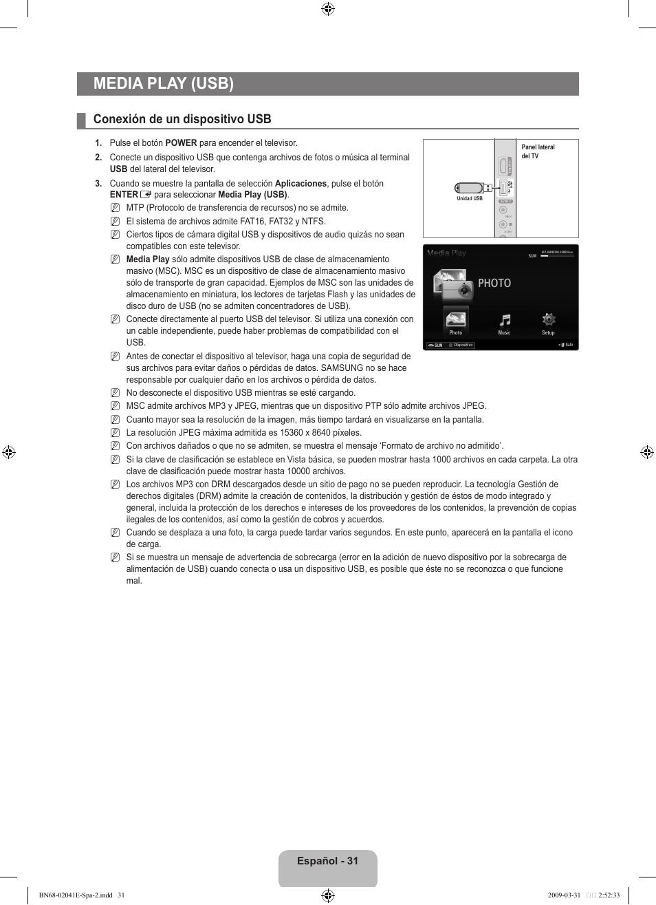 Media play (usb), Conexión de un dispositivo usb, Photo | Samsung LN40B610A5FUZA User Manual | Page 105 / 131
