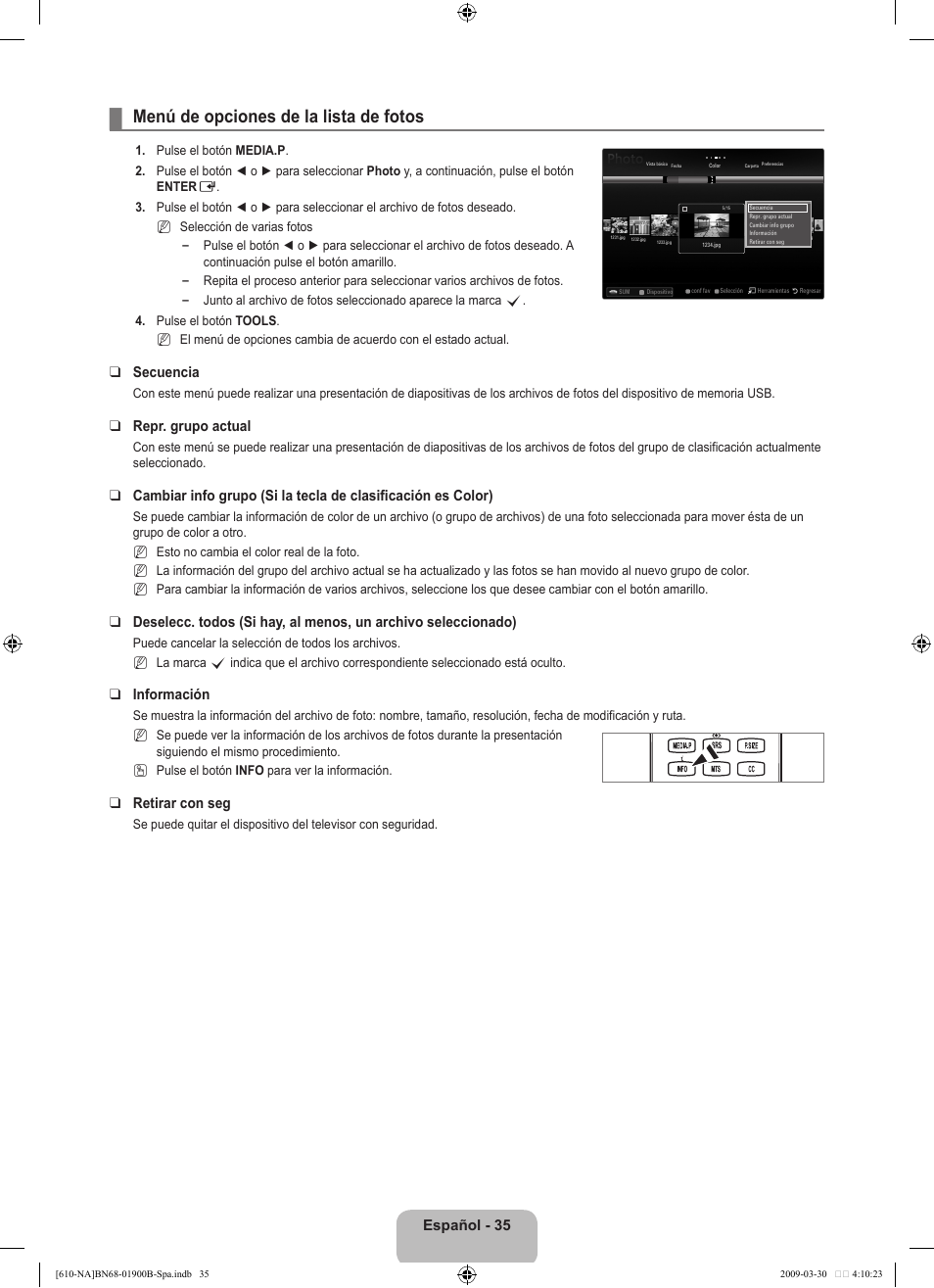 Menú de opciones de la lista de fotos, Español, Secuencia | Repr. grupo actual, Información, Retirar con seg | Samsung LN40B610A5FUZA User Manual | Page 109 / 131