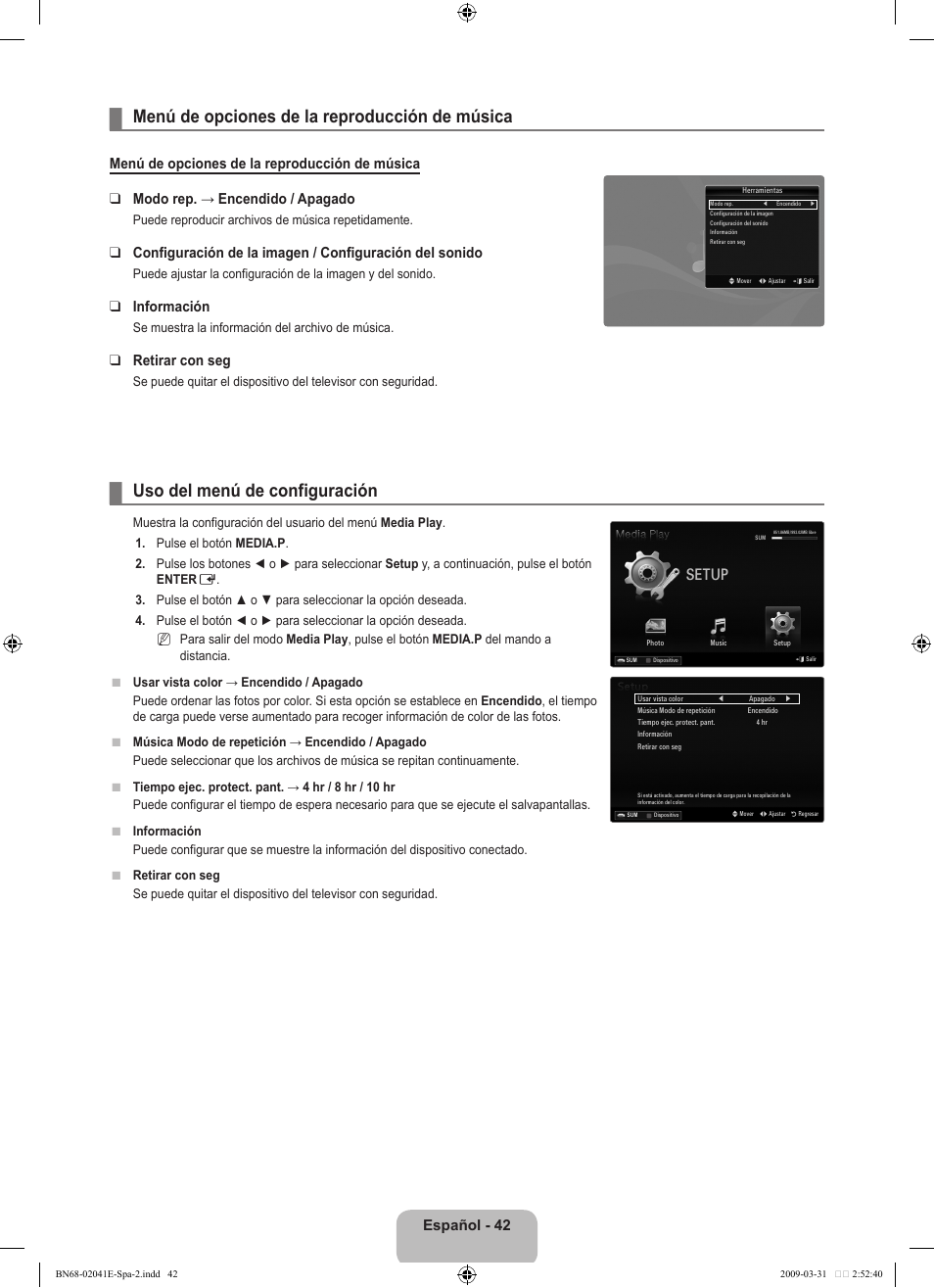 Menú de opciones de la reproducción de música, Uso del menú de configuración, Setup | Español - 42, Información, Retirar con seg | Samsung LN40B610A5FUZA User Manual | Page 116 / 131
