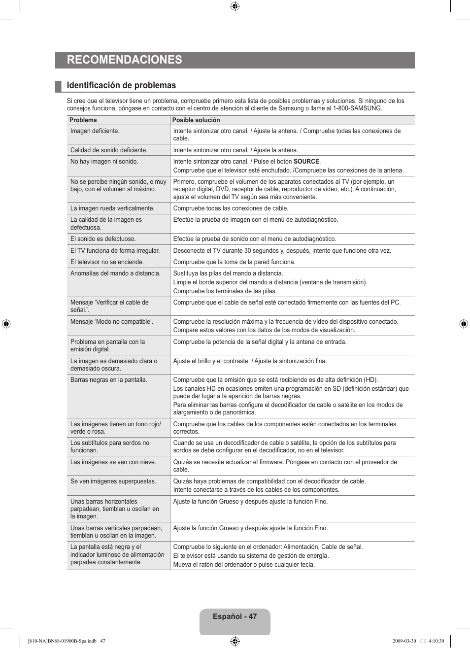Recomendaciones, Identificación de problemas | Samsung LN40B610A5FUZA User Manual | Page 121 / 131