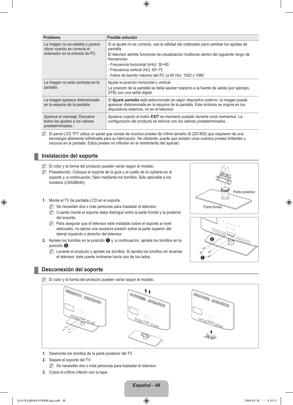 Instalación del soporte, Desconexión del soporte | Samsung LN40B610A5FUZA User Manual | Page 122 / 131