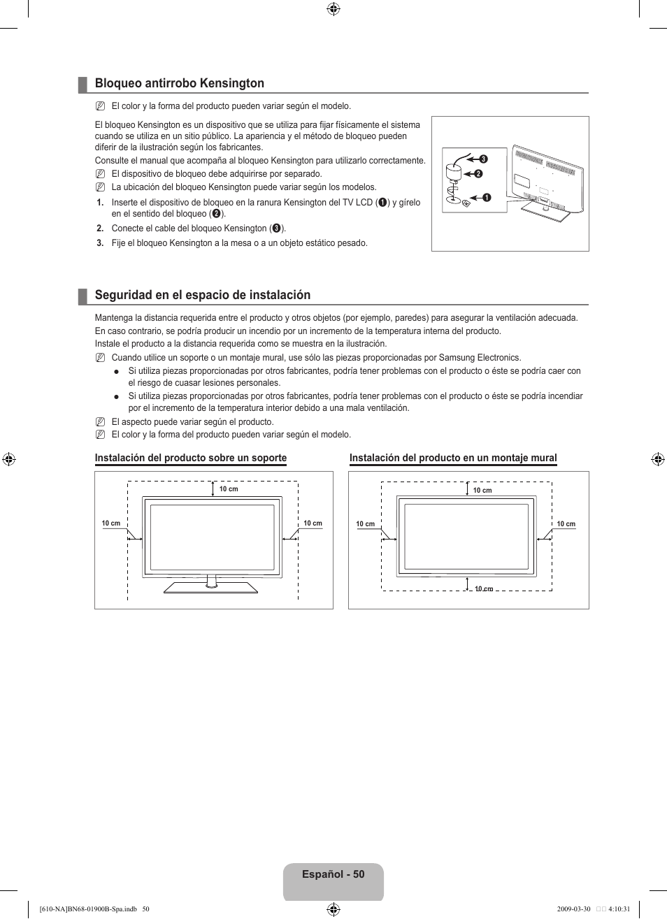 Bloqueo antirrobo kensington, Seguridad en el espacio de instalación | Samsung LN40B610A5FUZA User Manual | Page 124 / 131