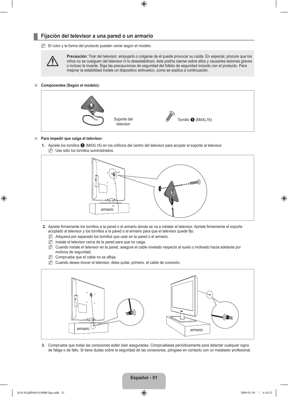 Fijación del televisor a una pared o un armario | Samsung LN40B610A5FUZA User Manual | Page 125 / 131