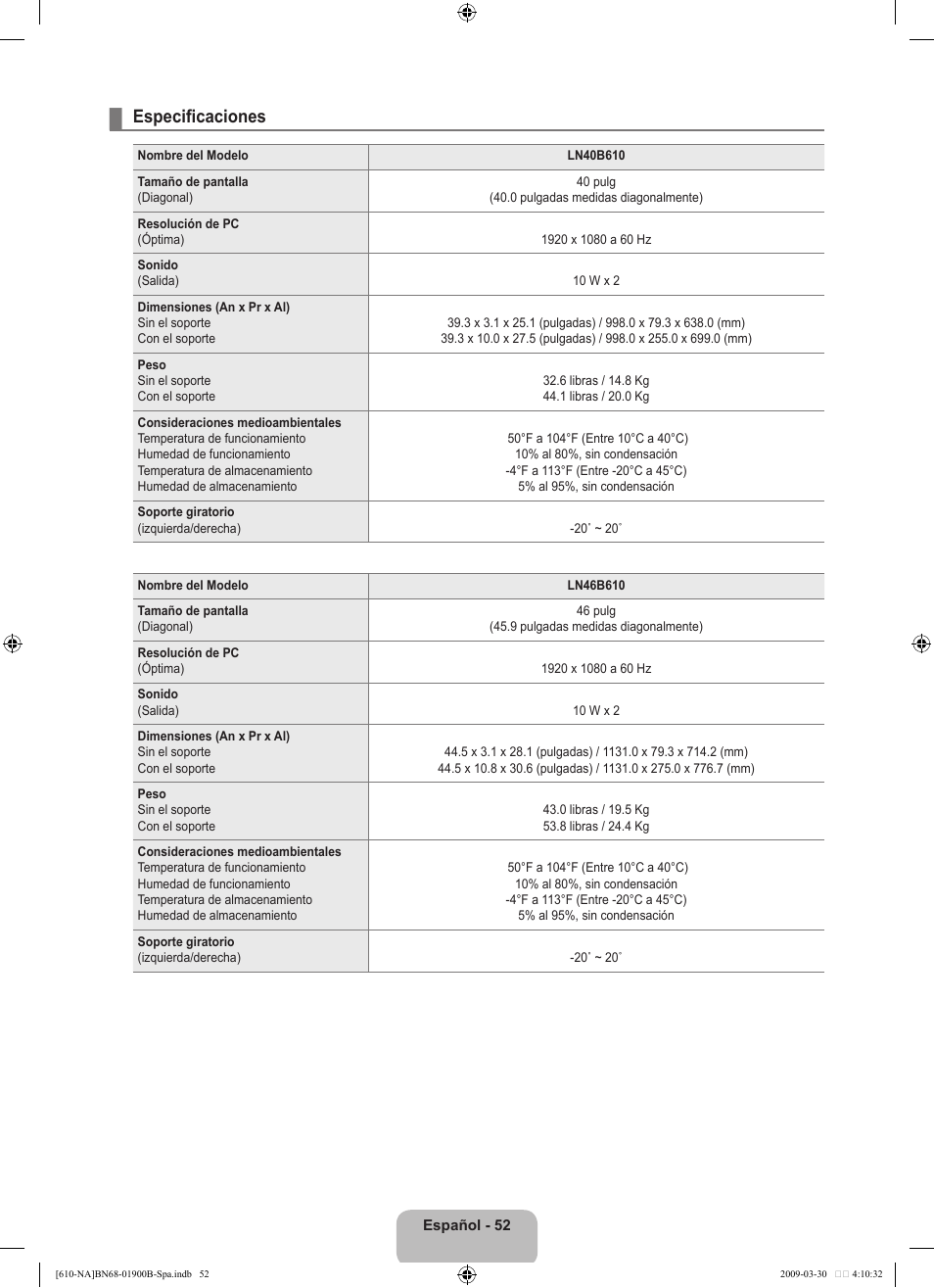 Especificaciones | Samsung LN40B610A5FUZA User Manual | Page 126 / 131