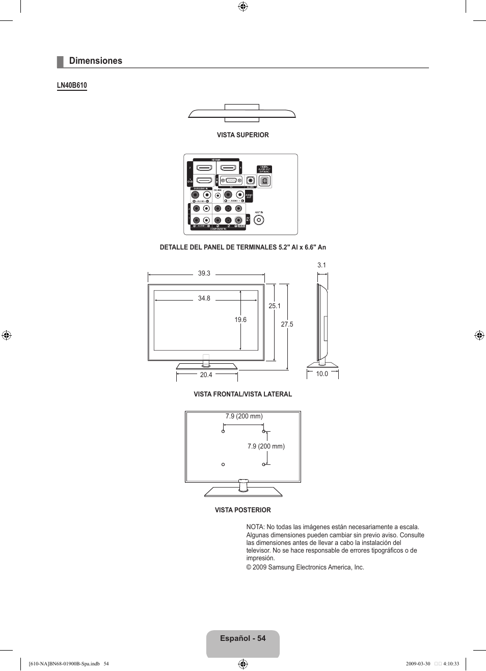 Dimensiones | Samsung LN40B610A5FUZA User Manual | Page 128 / 131
