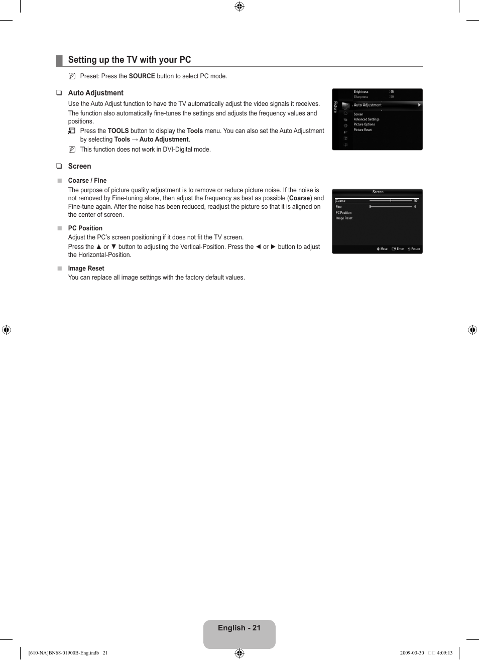 Setting up the tv with your pc, English - 21, Auto adjustment | Screen | Samsung LN40B610A5FUZA User Manual | Page 23 / 131