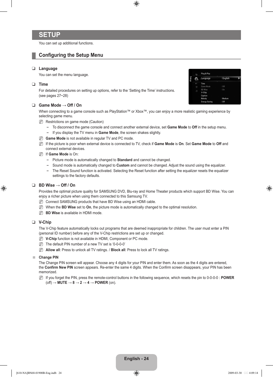 Setup, Configuring the setup menu | Samsung LN40B610A5FUZA User Manual | Page 26 / 131