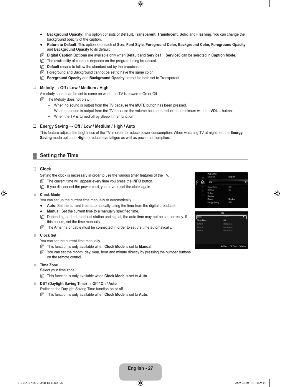 Setting the time, English - 27, Melody → off / low / medium / high | Energy saving → off / low / medium / high / auto, Clock | Samsung LN40B610A5FUZA User Manual | Page 29 / 131