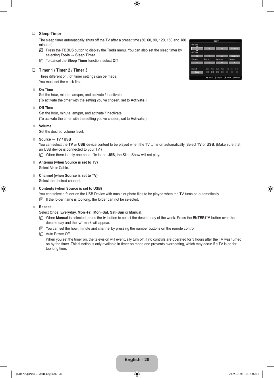 English - 28 sleep timer, Timer 1 / timer 2 / timer | Samsung LN40B610A5FUZA User Manual | Page 30 / 131