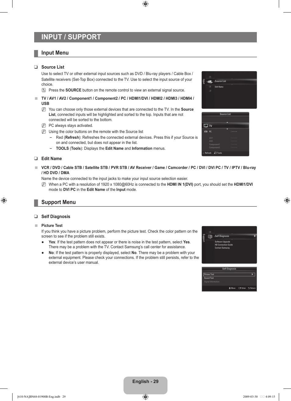 Input / support, Input menu, Support menu | English - 29, Source list, Edit name, Self diagnosis | Samsung LN40B610A5FUZA User Manual | Page 31 / 131