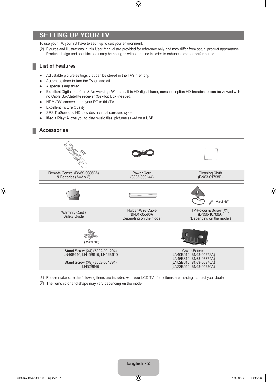 Setting up your tv, List of features, Accessories | Samsung LN40B610A5FUZA User Manual | Page 4 / 131