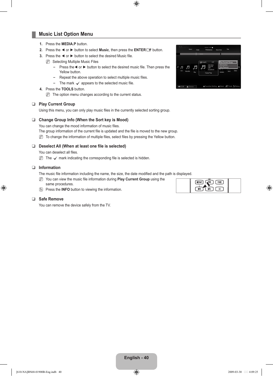 Music list option menu, English - 40, Play current group | Change group info (when the sort key is mood), Deselect all (when at least one file is selected), Information, Safe remove | Samsung LN40B610A5FUZA User Manual | Page 42 / 131