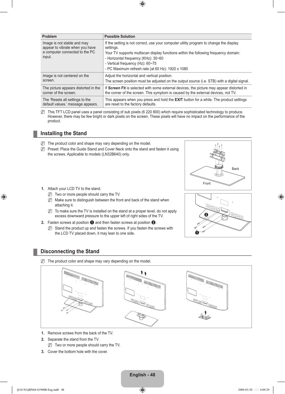 Installing the stand, Disconnecting the stand | Samsung LN40B610A5FUZA User Manual | Page 50 / 131