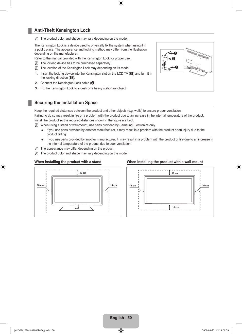Anti-theft kensington lock, Securing the installation space | Samsung LN40B610A5FUZA User Manual | Page 52 / 131