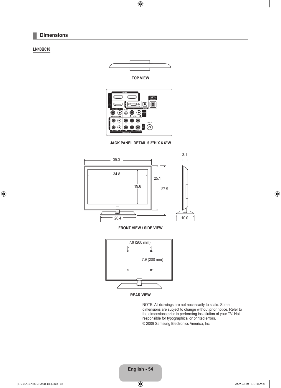Dimensions | Samsung LN40B610A5FUZA User Manual | Page 56 / 131