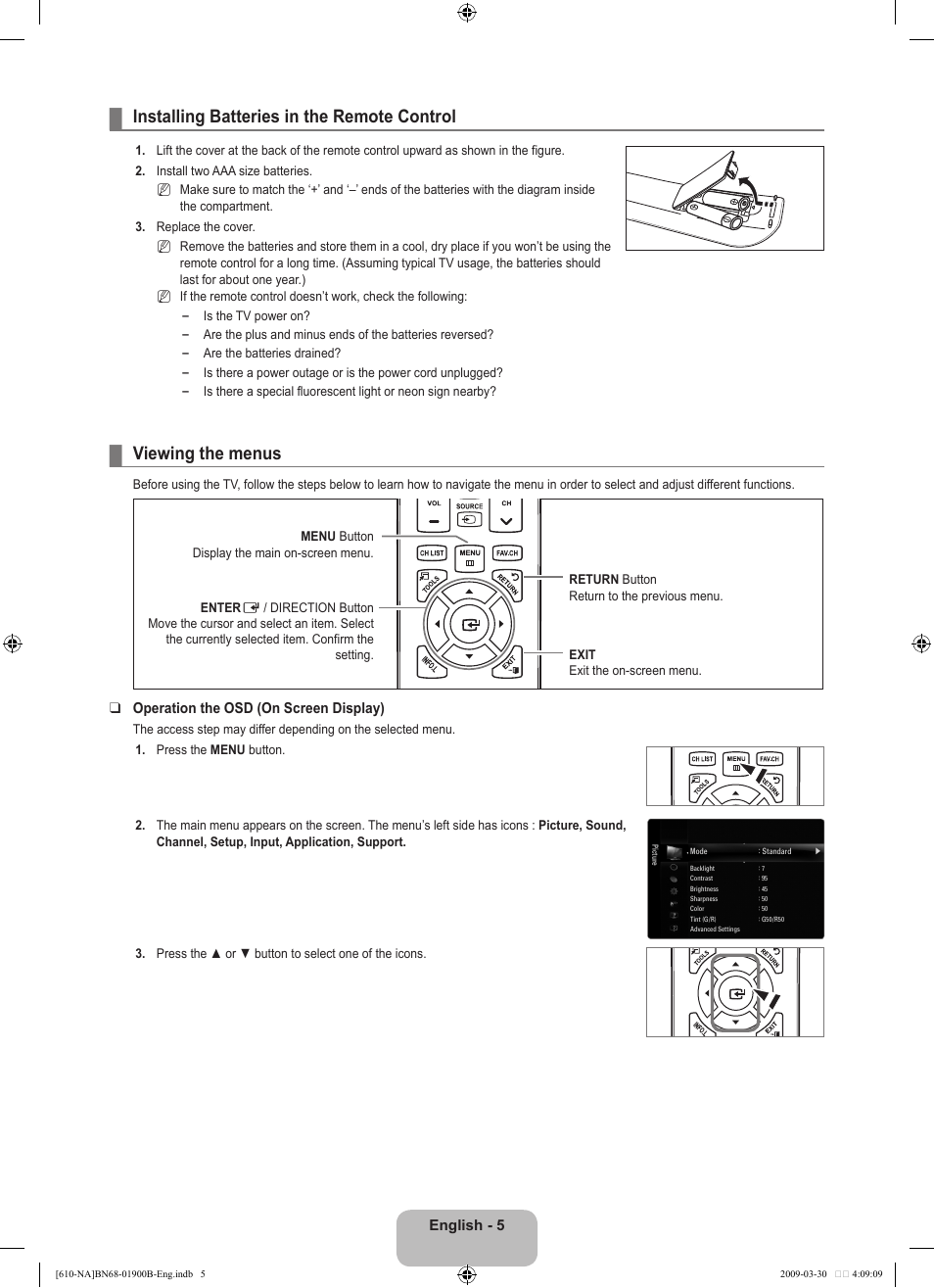 Installing batteries in the remote control, Viewing the menus | Samsung LN40B610A5FUZA User Manual | Page 7 / 131
