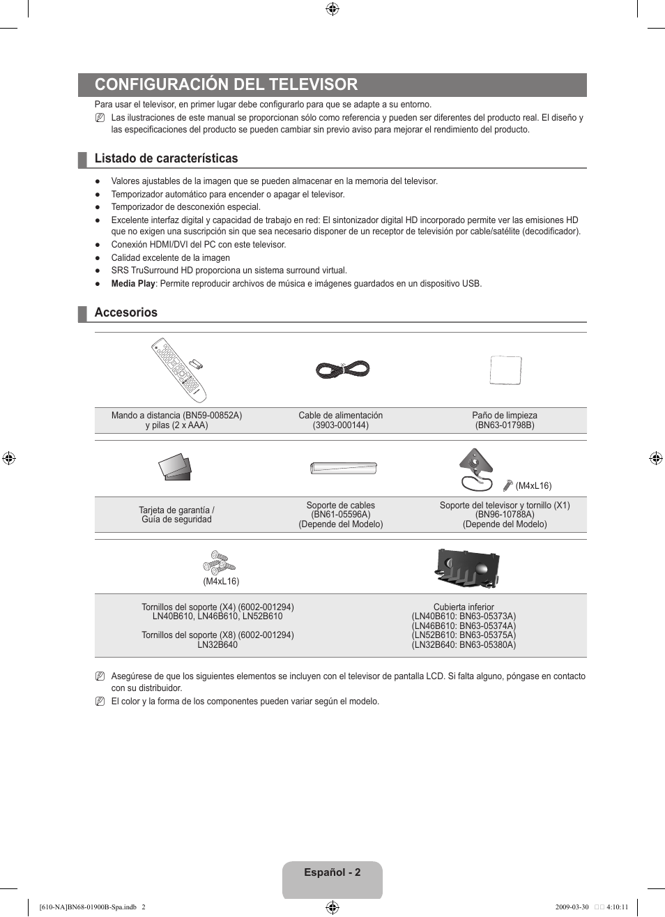 Configuración del televisor, Listado de características, Accesorios | Samsung LN40B610A5FUZA User Manual | Page 76 / 131