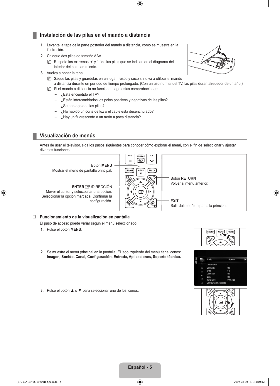Instalación de las pilas en el mando a distancia, Visualización de menús | Samsung LN40B610A5FUZA User Manual | Page 79 / 131