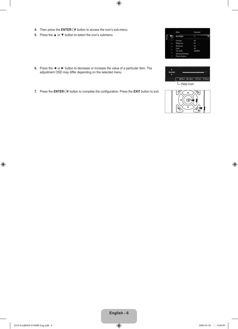English - 6, Help icon | Samsung LN40B610A5FUZA User Manual | Page 8 / 131