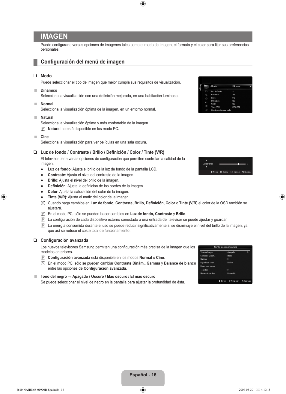 Imagen, Configuración del menú de imagen, Español - 16 | Modo, Configuración avanzada | Samsung LN40B610A5FUZA User Manual | Page 90 / 131