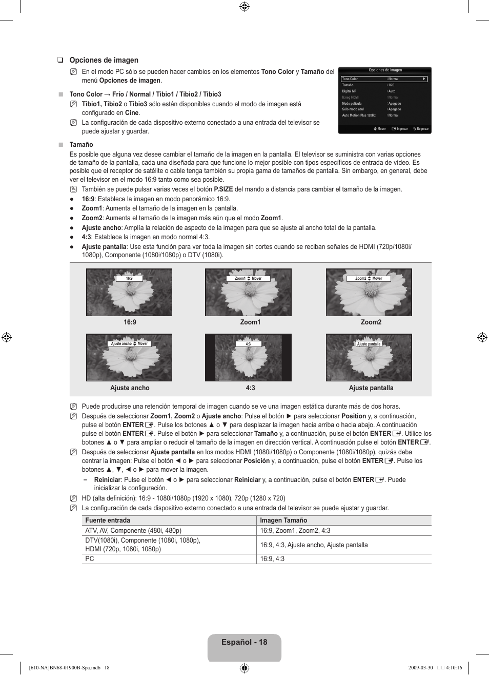 Español - 18 opciones de imagen | Samsung LN40B610A5FUZA User Manual | Page 92 / 131