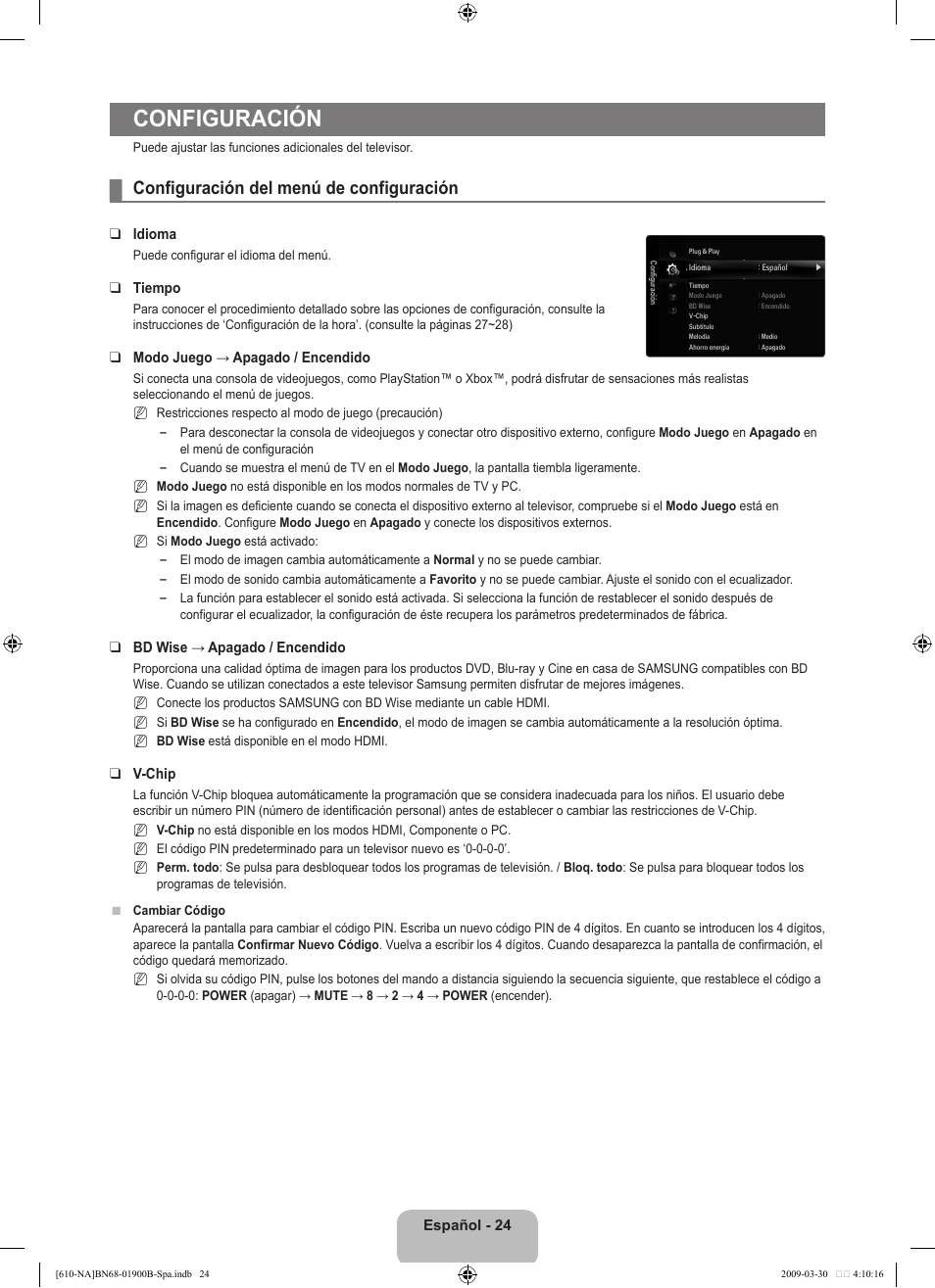 Configuración, Configuración del menú de configuración | Samsung LN40B610A5FUZA User Manual | Page 98 / 131