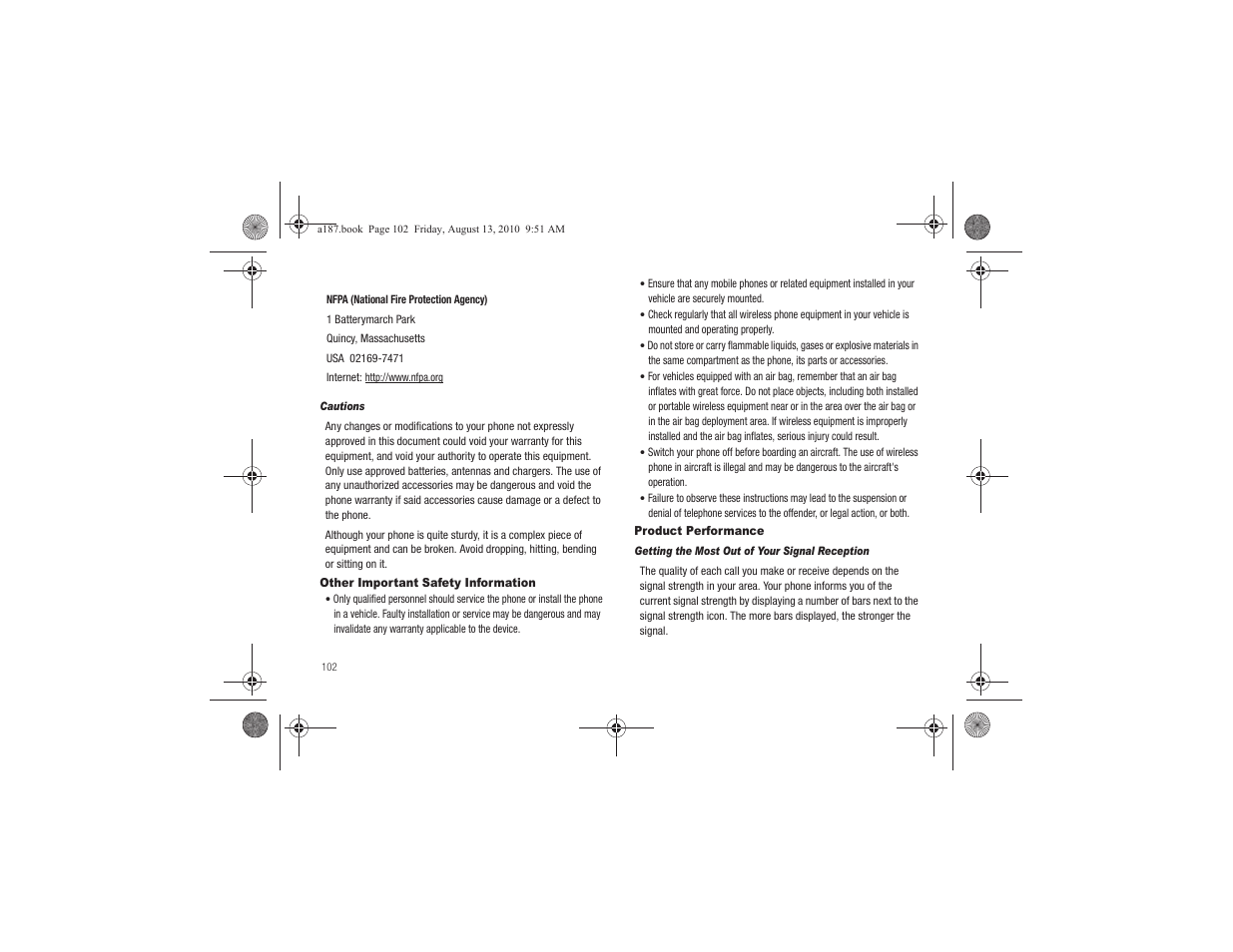 Other important safety information, Product performance | Samsung SGH-A187ZBCATT User Manual | Page 106 / 123