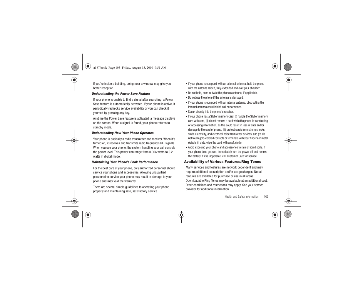 Availability of various features/ring tones | Samsung SGH-A187ZBCATT User Manual | Page 107 / 123